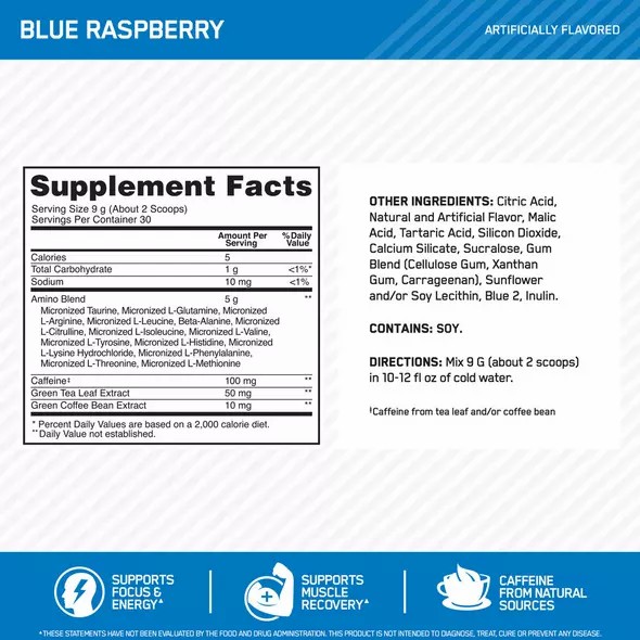 Optimum Nutrition ESSENTIAL AMIN.O. ENERGY® Blue Raspberry 1.29 lb (65 Servings) Malaysia | 763WDUVFM