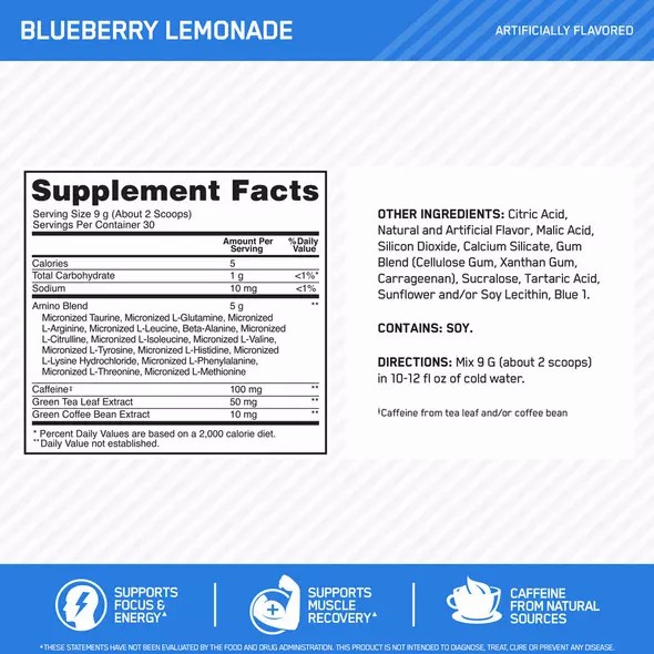 Optimum Nutrition ESSENTIAL AMIN.O. ENERGY® Blueberry Lemonade 0.6 lb (30 Servings) Malaysia | 452TLZJWO