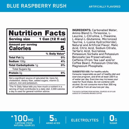 Optimum Nutrition ESSENTIAL AMIN.O. ENERGY+ Electrolytes Sparkling *new* Blue Raspberry Rush 355ml * 12 Cans (12 Servings) Malaysia | 452ECXFZR