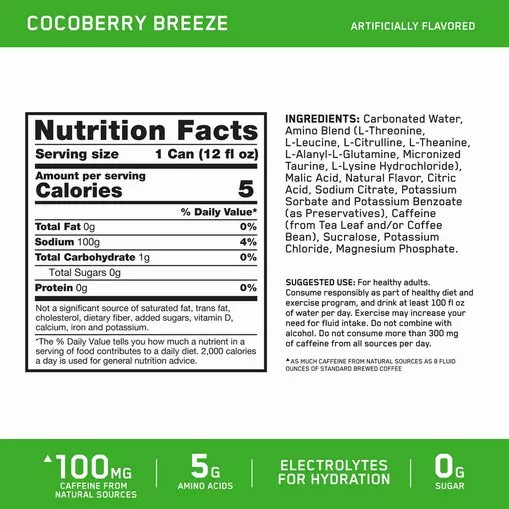 Optimum Nutrition ESSENTIAL AMIN.O. ENERGY+ Electrolytes Sparkling *new* Cocoberry Breeze 355ml * 12 Cans (12 Servings) Malaysia | 752PNKWMF