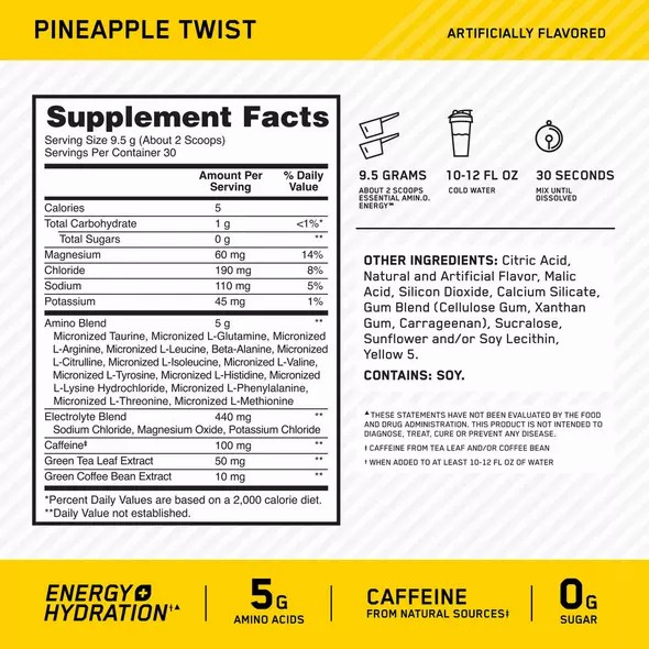 Optimum Nutrition Essential AMIN.O. ENERGY + Electrolytes Pineapple Twist 0.63 lb (30 Servings) Malaysia | 476VXFWTO