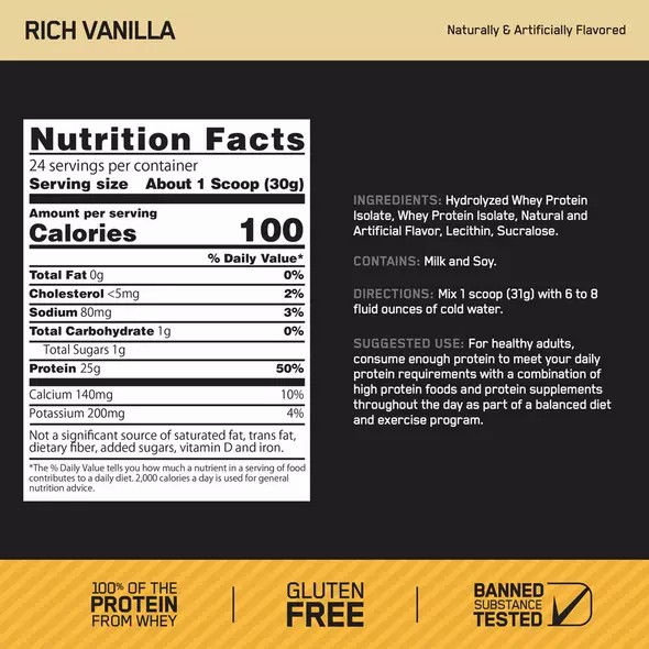 Optimum Nutrition GOLD STANDARD® 100% Isolate Rich Vanilla 2.91 lb (44 Servings) Malaysia | 379OBFXSJ