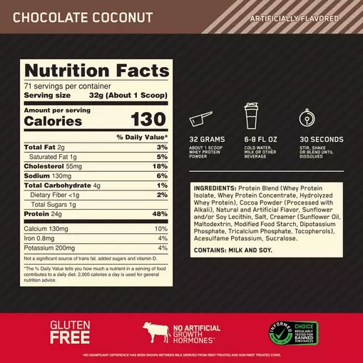 Optimum Nutrition GOLD STANDARD 100% WHEY™ Chocolate Coconut 5 lb (71 Servings) Malaysia | 198MABIJE