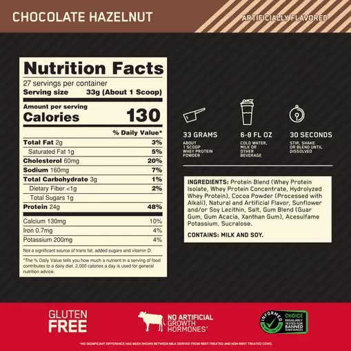 Optimum Nutrition GOLD STANDARD 100% WHEY™ Chocolate Hazelnut 2 lb (27 Servings) Malaysia | 609VUGHNR