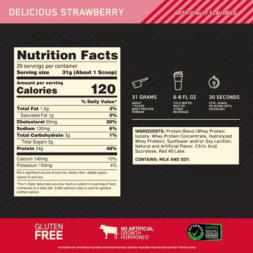 Optimum Nutrition GOLD STANDARD 100% WHEY™ Delicious Strawberry 2 lb (29 Servings) Malaysia | 853WOEDGN