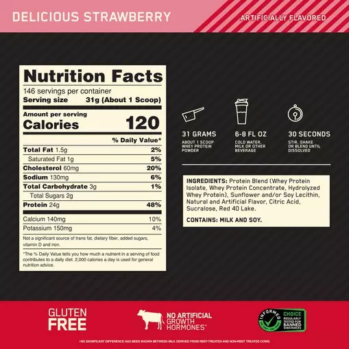 Optimum Nutrition GOLD STANDARD 100% WHEY™ Delicious Strawberry 10 lb (146 Servings) Malaysia | 451QOSWED