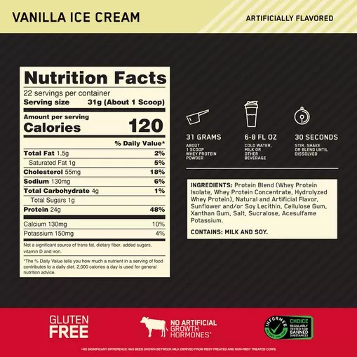 Optimum Nutrition GOLD STANDARD 100% WHEY™ Vanilla Ice Cream 1.5 lb (22 Servings) Malaysia | 318QNHTGJ