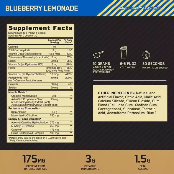 Optimum Nutrition GOLD STANDARD® Pre-Workout Blueberry Lemonade 0.66 lb (30 Servings) Malaysia | 154UOXYMT