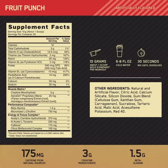 Optimum Nutrition GOLD STANDARD® Pre-Workout Fruit Punch 0.66 lb (30 Servings) Malaysia | 960EMLIGP