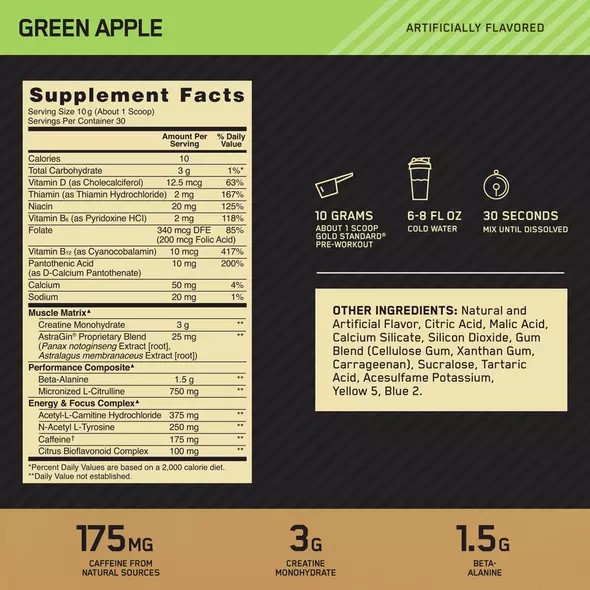 Optimum Nutrition GOLD STANDARD® Pre-Workout Green Apple 0.66 lb (30 Servings) Malaysia | 173BOCKPS