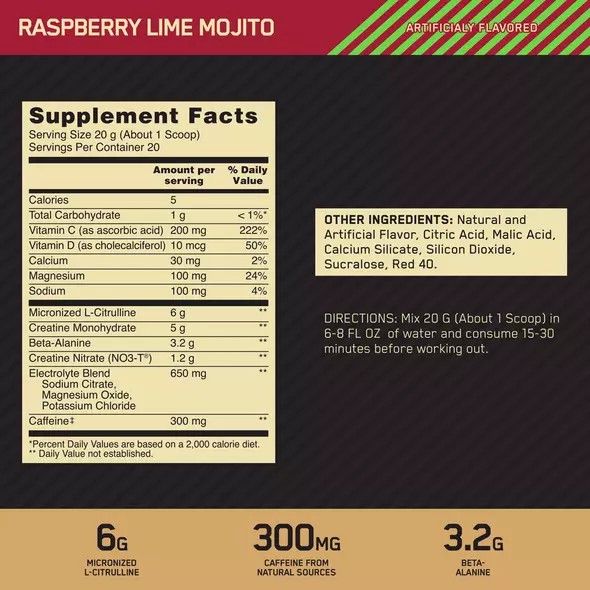 Optimum Nutrition GOLD STANDARD® Pre Advanced Raspberry Lime Mojito 0.88 lb (20 Servings) Malaysia | 931CTWREH