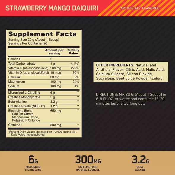 Optimum Nutrition GOLD STANDARD® Pre Advanced Strawberry Mango Daiquiri 0.88 lb (20 Servings) Malaysia | 017QFUKIY