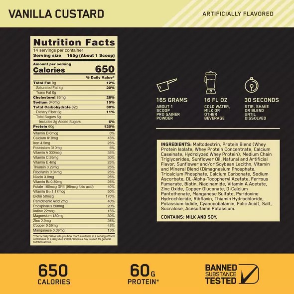 Optimum Nutrition GOLD STANDARD® Pro Gainer Vanilla Custard 5.09 lb (14 Servings) Malaysia | 156DNJIFA