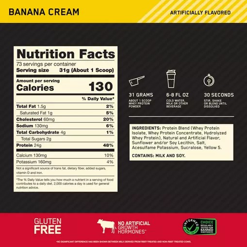 Optimum Nutrition Gold Standard 100% Whey Protein Powder Banana Cream 900 grams (30 Servings) Malaysia | 495NQCRJZ