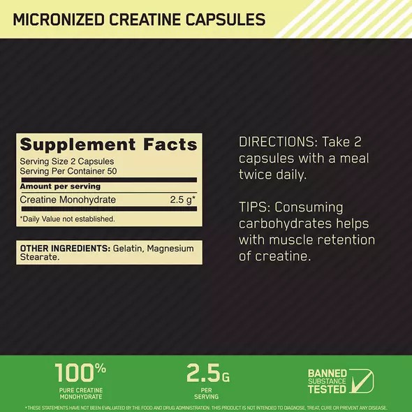 Optimum Nutrition Micronized Creatine Capsules 100 Capsules (50 Servings) Malaysia | 275XYFNTD