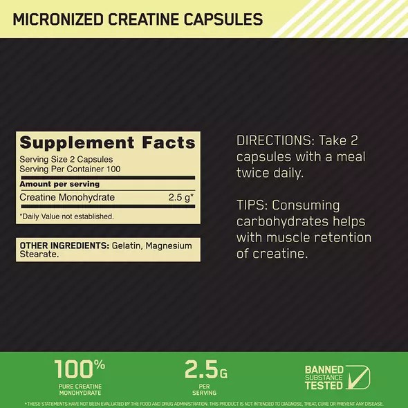 Optimum Nutrition Micronized Creatine Capsules 200 Capsules (100 Servings) Malaysia | 538PWECGV