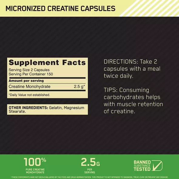 Optimum Nutrition Micronized Creatine Capsules 300 Capsules (150 Servings) Malaysia | 742MYAJHG