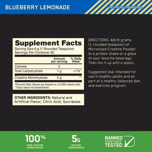 Optimum Nutrition Micronized Creatine Powder Blueberry Lemonade 0.79 lb (60 Servings) Malaysia | 853XKHZAF