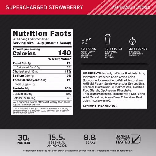 Optimum Nutrition PLATINUM HYDROWHEY™ Supercharged Strawberry 1.76 lb (20 Servings) Malaysia | 862EYGMJA