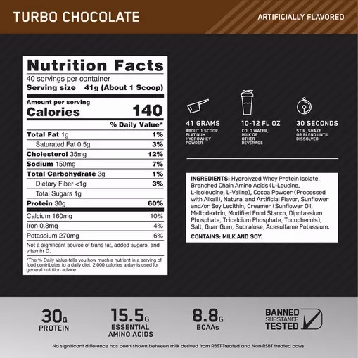 Optimum Nutrition PLATINUM HYDROWHEY™ Turbo Chocolate 3.61 lb (40 Servings) Malaysia | 104JHSLCE