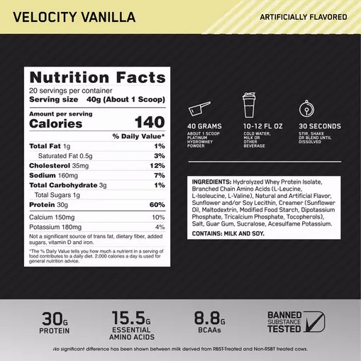 Optimum Nutrition PLATINUM HYDROWHEY™ Velocity Vanilla 1.76 lb (20 Servings) Malaysia | 509DGMYIZ