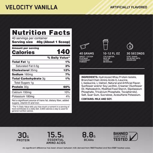 Optimum Nutrition PLATINUM HYDROWHEY™ Velocity Vanilla 3.52 lb (40 Servings) Malaysia | 023EJBUAX