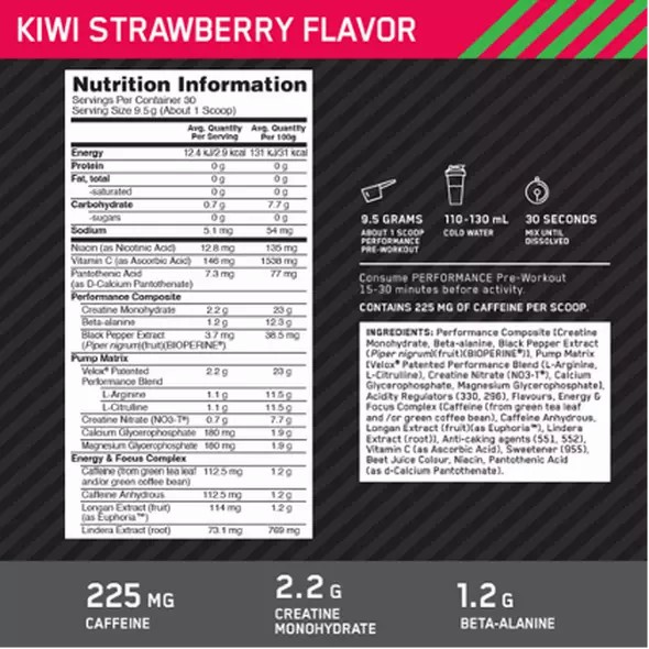 Optimum Nutrition Performance Pre-Workout Kiwi Strawberry 285g Malaysia | 527UCSTMQ