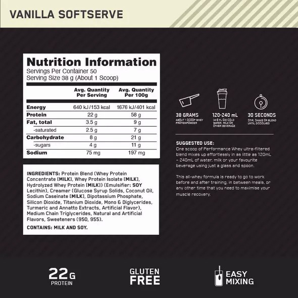 Optimum Nutrition Performance Whey Vanilla 1.95kg Malaysia | 951ANIEKD