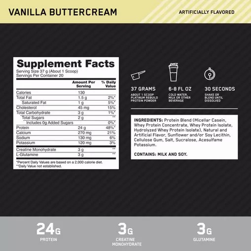 Optimum Nutrition Platinum Rebuild Vanilla Buttercream 1.63 lb (20 Servings) Malaysia | 163OEZNPM