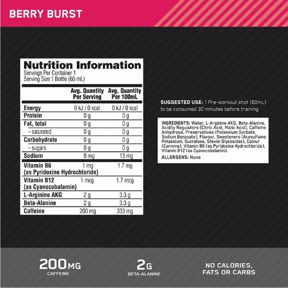 Optimum Nutrition Pure Pre 200 Pre-Workout Shot Berry 60ml (12 shots) Malaysia | 254JMYFVI