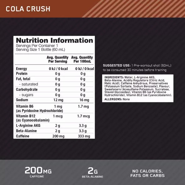 Optimum Nutrition Pure Pre 200 Pre-Workout Shot Cola 60ml (12 shots) Malaysia | 368HLPOGN