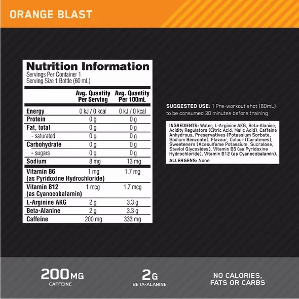 Optimum Nutrition Pure Pre 200 Pre-Workout Shot Orange 60ml (12 shots) Malaysia | 379JNXSLB