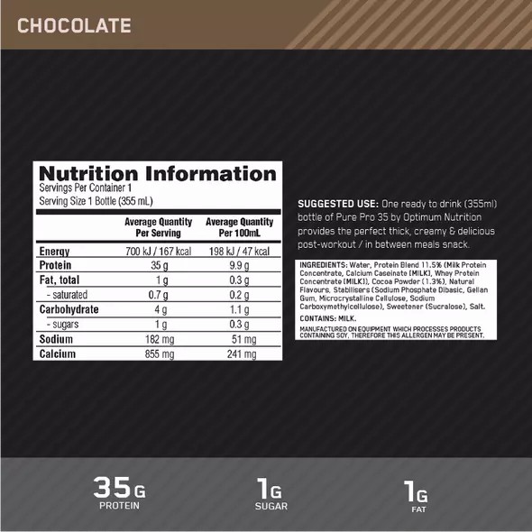 Optimum Nutrition Pure Pro 35 Chocolate 355ml (6 bottles) Malaysia | 529HNDREW