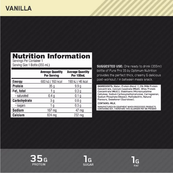 Optimum Nutrition Pure Pro 35 Vanilla 355ml (6 bottles) Malaysia | 045WIDEVK